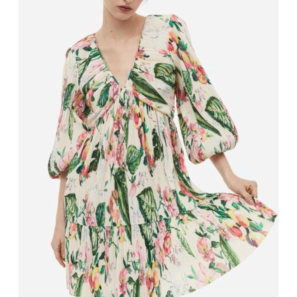 H&M Floral‎ Plisse Pleated V-Neck Balloon Sleeve Dress Size XS Wedding Shower